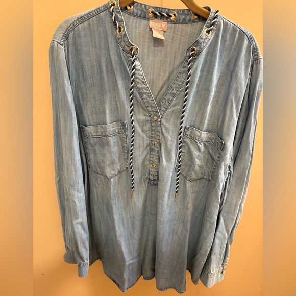 NWOT Chico's Chambray Nautical Denim Chambray Long Sleeve V-Neck Top Women’s XL - Picture 1 of 10
